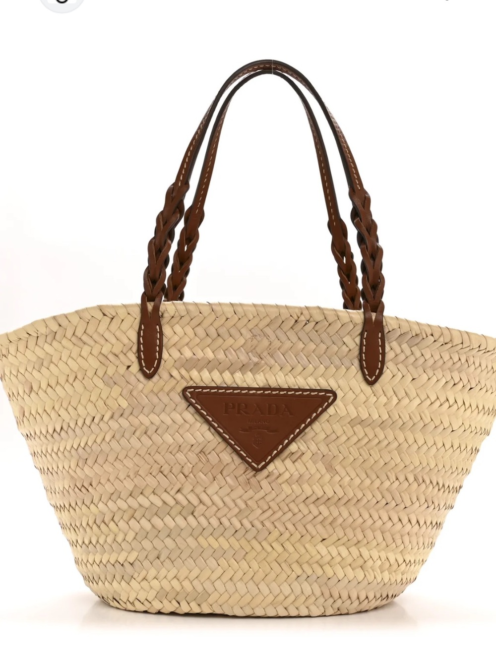 Prada Palmitto Vitello Woven Braided Large Basket Tote Bag Straw Cognac